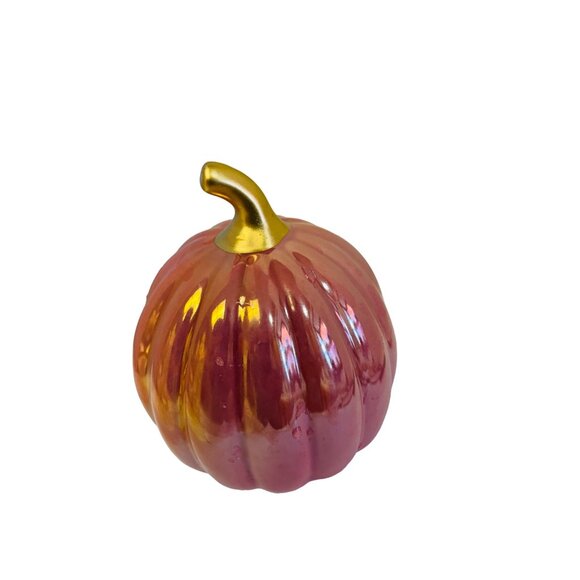 Ceramic Iridescent Pumpkin Figurine With Gold Stem 5" H x 4" W - Picture 4 of 5